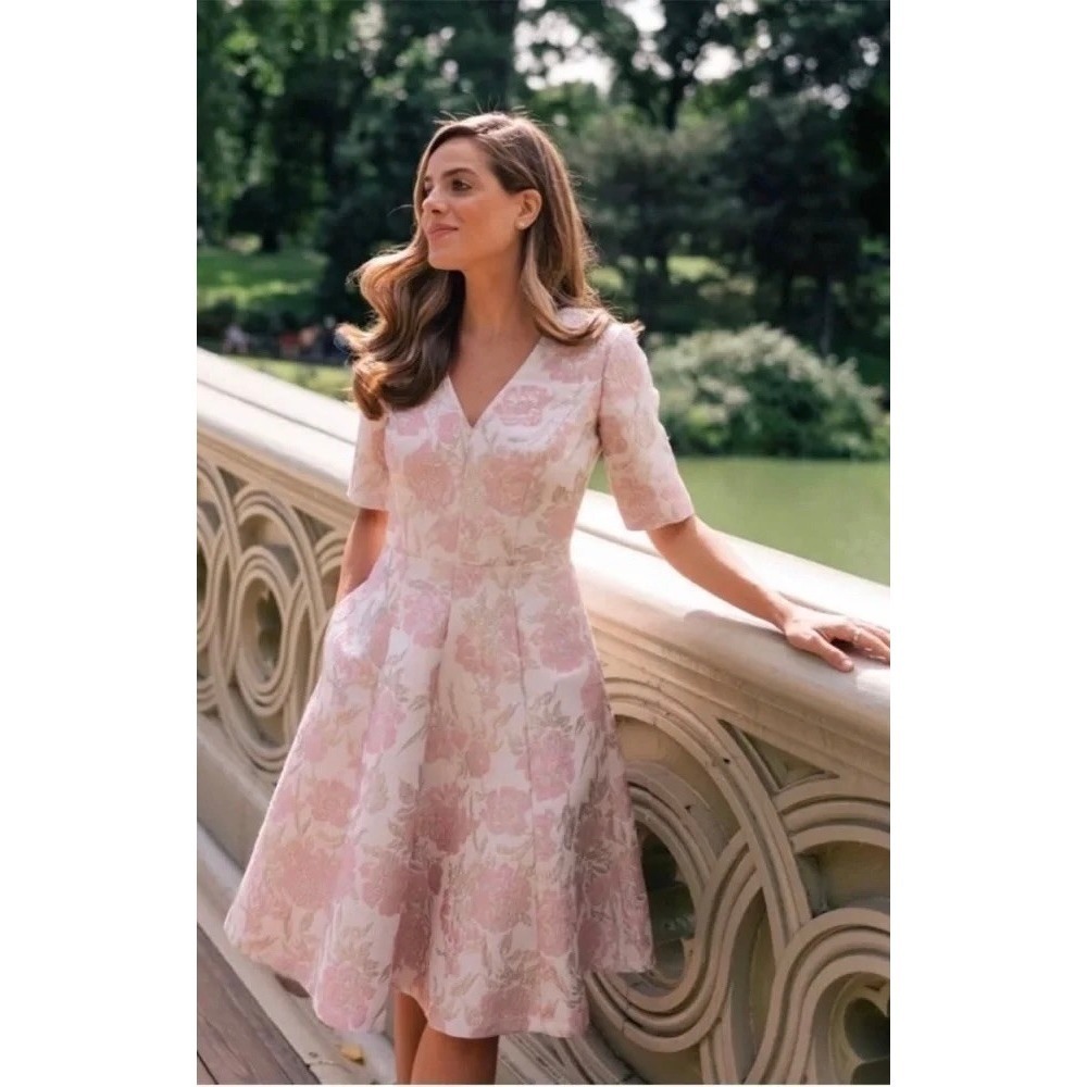 GAL MEETS GLAM Adair Pink Pearl Floral Jacquard Dress Fit N'‎ Flare Pockets 8